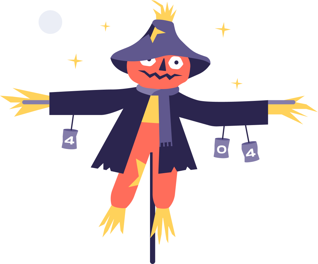 A cartoony scarecrow with 3 hanging signs on its arms. Signs read 404.